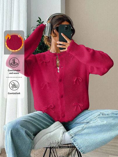 EURMUSE Women's Solid Color Round Neck Long Sleeve Single-Breasted Cardigan With Bow Trim, Cute,Jumper,Cream Jumper,Jumpers,Black Jumper,Womens Jumper,White Jumper,Women's Jumper,Women's Jumpers,Winter Clothes