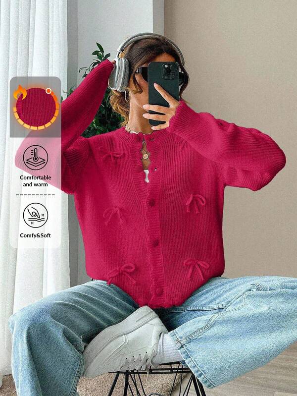 EURMUSE Women's Solid Color Round Neck Long Sleeve Single-Breasted Cardigan With Bow Trim, Cute,Jumper,Cream Jumper,Jumpers,Black Jumper,Womens Jumper,White Jumper,Women's Jumper,Women's Jumpers,Winter Clothes