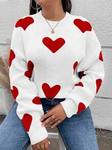 EURMUSE Plus Size Women Heart Pattern Crew Neck Long Sleeve Casual Pullover Sweater - Multicolor - View 4