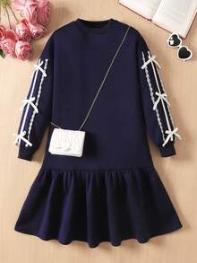 Lässiger Schul-Stil für Tween Mädchen, locker geschnittenes Sweatshirt-Kleid mit Spitzenbesatz, Schleifenapplikation, Patchwork und Rüschensaum, thermisch gefüttert, marineblau, Herbst-Winter-Kleidung für Frauen, Marineblau Tween Mädchen Kleid, Marineblau Tween Mädchen Langarm-Kleid - marineblau - Übersicht 3