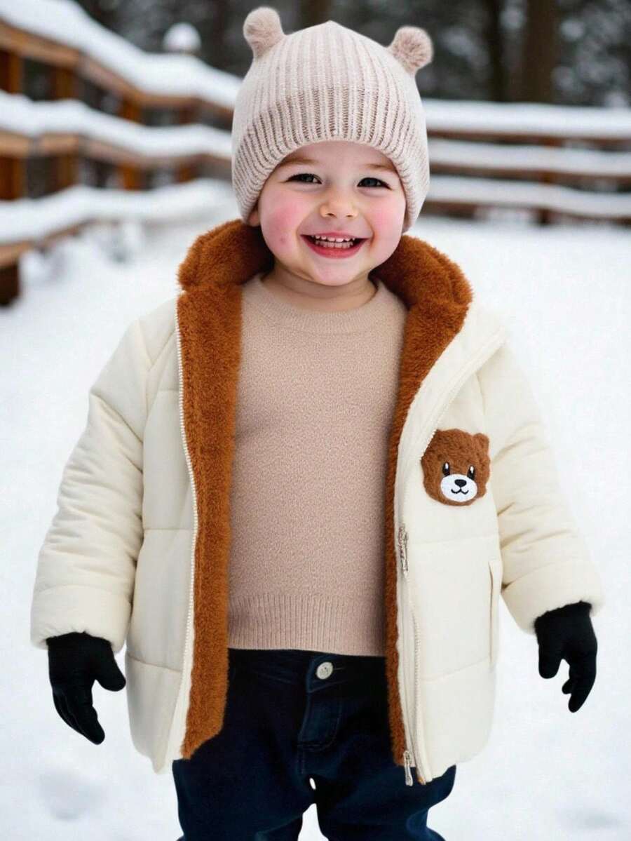 SHEIN 男童休闲舒适百搭可爱毛绒内衬连帽加厚冬季绗缝大衣 - 杏色 - 查看 1