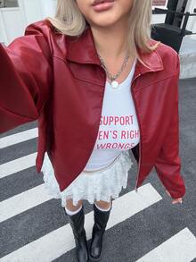 SHEIN EZwear 情人节大码女式休闲拉链前红色长袖夹克，适合圣诞节和冬季 - 酒紅色 - 查看 5