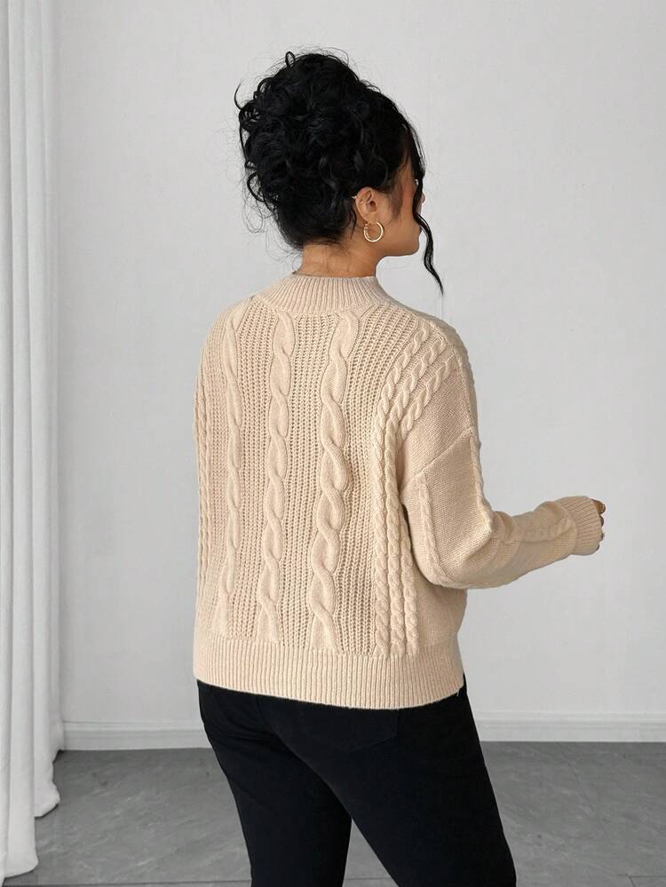 SHEIN Tall CURVE 大码女式纯色针织立领蝴蝶结装饰长袖短款可爱甜美套头衫，冬季 - 卡其色 - 查看 2
