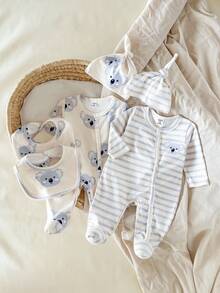 6pcs Newborn Comfortable Long Sleeve Footed Jumpsuit, Cute Koala Pattern Pajamas Set Fall Winter - Multicolor - View 10
