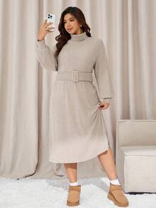 Auralis Vestido casual de manga larga y cuello alto de unicolor para mujer de talla grande