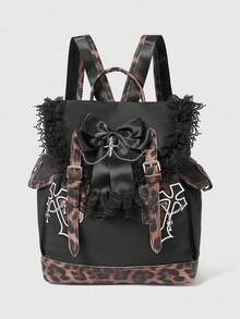 ROMWE Grunge Punk Leopard Print Bow Lace Backpack - Black - View 1