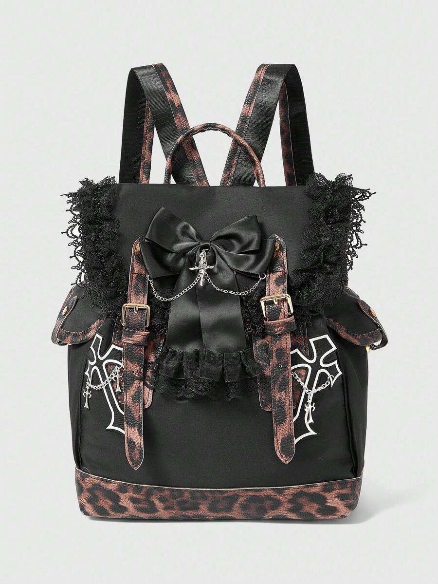 ROMWE Grunge Punk Leopard Print Bow Lace Backpack - Black - View 1