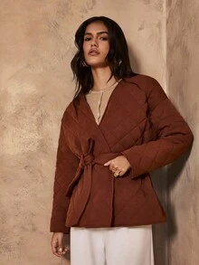 Chiquease Women's Autumn/Winter Cotton Jacket, V-Neck, Rhombus Pattern, Quilted Fabric, Waist Tie Decor, Side Patch Pockets, Casual Loose Fashion Design - Brown - View 6