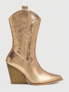 CUCCOO SZL 女士时尚金属刺绣西部靴，适合度假、音乐节和各种场合 - 香檳色 - 查看 9