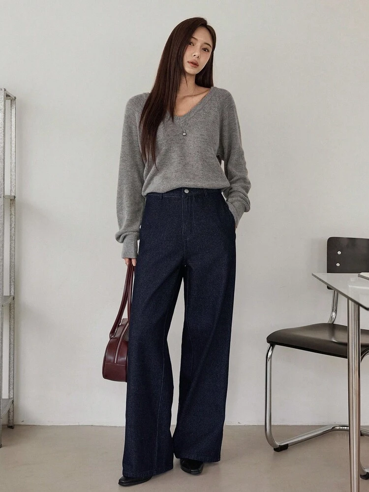 Women's Loose Casual Straight-Leg Jeans, Vintage Washed Raw Color, Suitable For Business, Commuting, Spring And Autumn