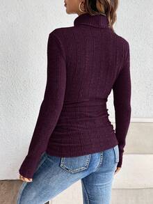 SHEIN Áo thun dài tay cổ cao màu trơn dành cho bà bầu, chất liệu gân, dáng ôm, kiểu dáng thường ngày, thích hợp cho mùa thu. - Màu đỏ tím - Xem 2