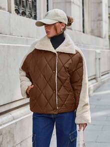 SHEIN Cottnline Padded Jacket With Fur Collar And Patchwork, Two Pockets At Front, Snap Buttons, Quilting Details Streetwear - Brown - View 6