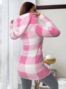 SHEIN EZwear 女士休闲格子连帽保暖外套，秋冬粉白外套，舒适秋季 - 粉色 - 查看 2