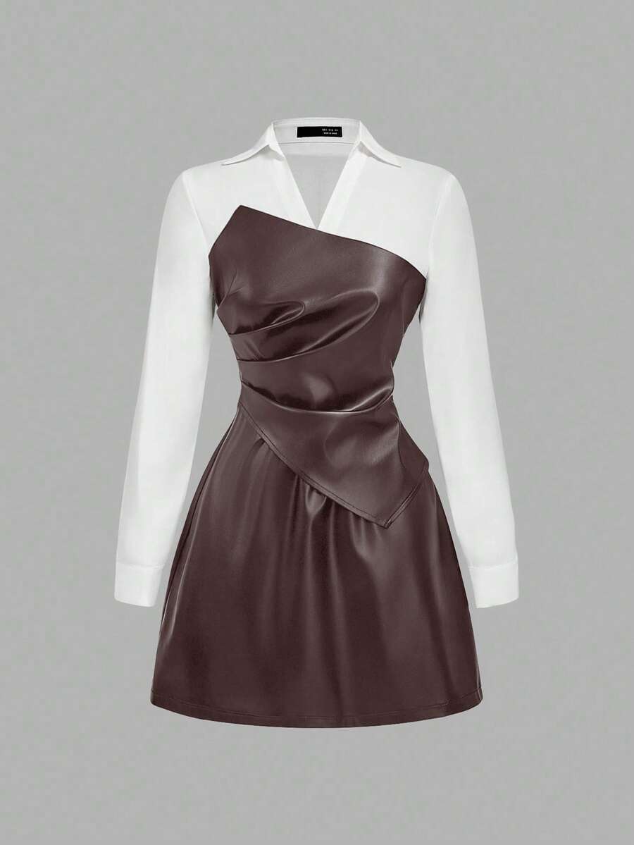 SHEIN MOD 女式休闲长袖 PU 皮革拼色迷你连衣裙，秋季