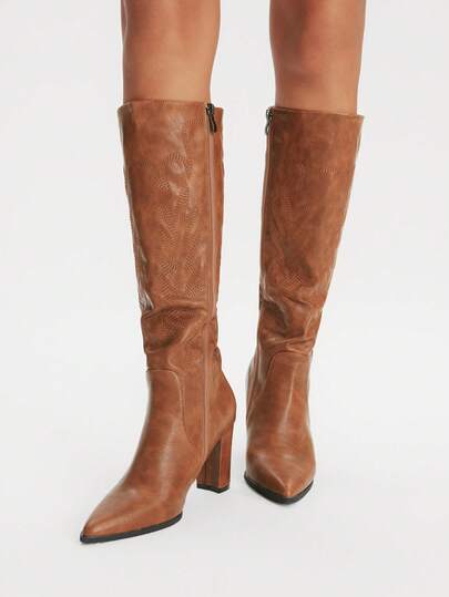 Styleloop 女式绒面尖头高跟弹力靴，防滑软底细跟中筒靴，适合秋冬季