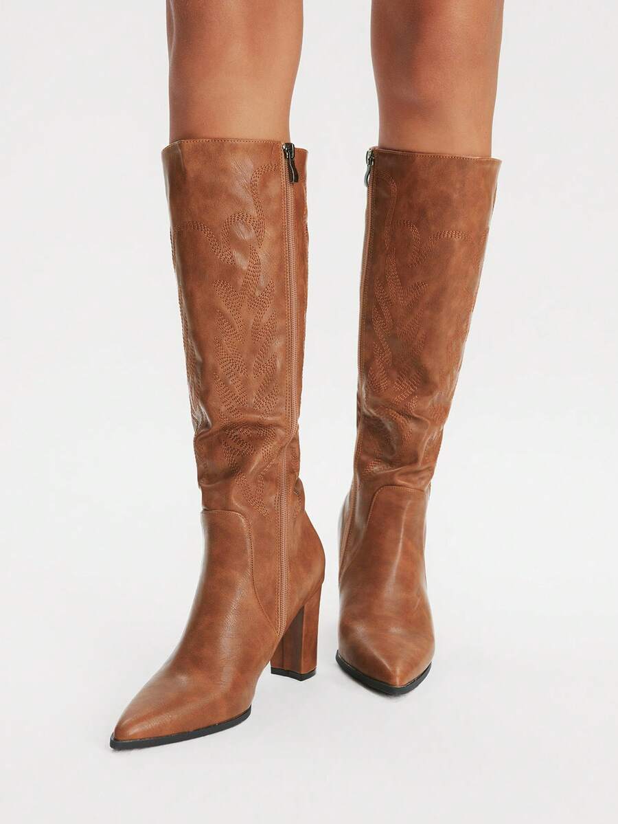 Styleloop 女式绒面尖头高跟弹力靴，防滑软底细跟中筒靴，适合秋冬季 - 棕色 - 查看 1