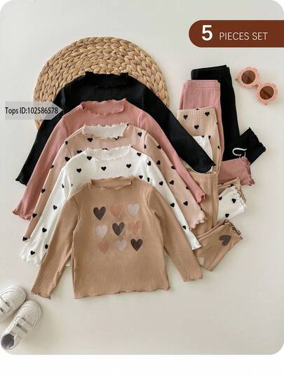 SHEIN Pantalones casuales y lindos de punto con estampado de lunares y corazones, con cintura elástica (se venden por separado de la parte superior) para bebé niña