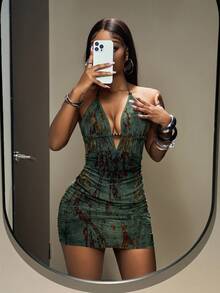 Slaydiva 2025 Summer New Style, Birthday Party, Back To School Season, Preppy Style, Student Wear, Everyday Outing, Basic Versatile, Casual, Vacation, Cruise Travel, Influencer Hot Style, Street Style, Sexy Club, Grunge Style, Millennial Y2K Sexy Hottie, Halter Neck Strap, Front Cutout, Beaded Decoration, Sexy Large Backless, Green Flocked Fabric, Tight Hip, Summer Mini Dress, Women's Dress Y2k Dress - Army Green - View 2