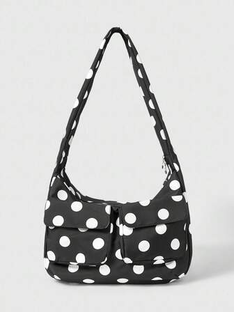 Anime Bolso de hombro de gran capacidad con estampado de lunares en blanco y negro de estilo minimalista retro para mujer, bolso de tela casual adecuado para el uso diario, viajes, etc.