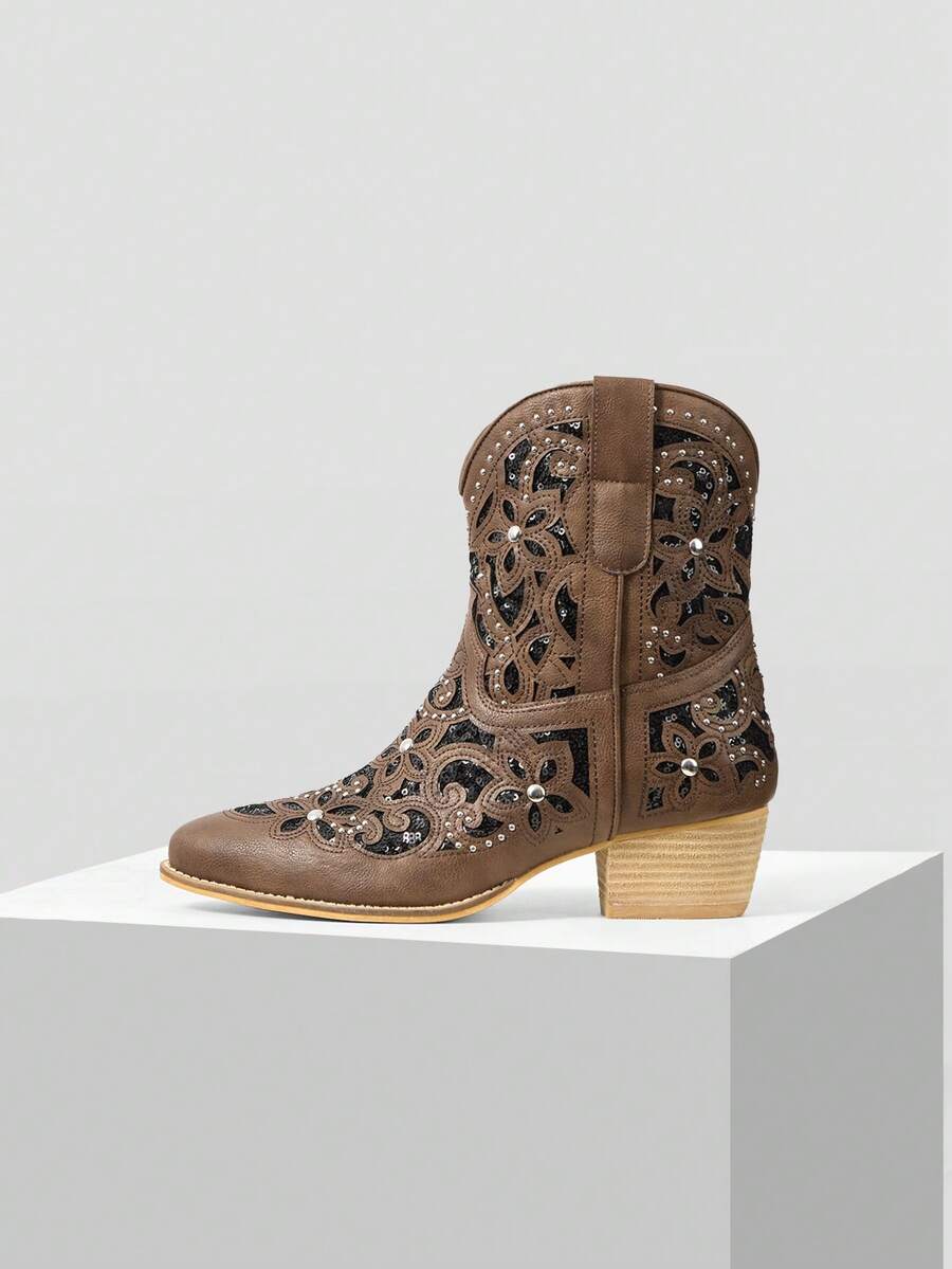 MOTF WOMEN'S WINTER NEW CHUNKY HEEL ROUND TOE EMBROIDERED HOLLOW RIVET KNIGHT BOOTS - Brown - View 2