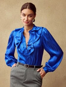 MOTF PREMIUM JACQUARD LANTERN SLEEVE JABOT COLLAR SHIRT - Blue - View 4