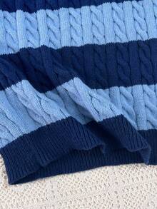SHEIN 女童条纹拼色麻花针织 V 领灯笼袖超大套头衫，适合秋冬外出 - 藍色 - 查看 8