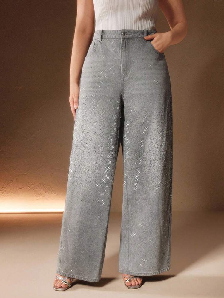 Plus Size Women Loose Casual Gray Rhinestone Straight-Leg Jeans