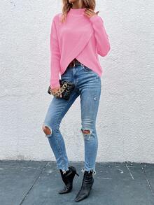 EMERY ROSE Women's Solid Color Stand Collar Drop Shoulder Long Sleeve Casual Pullover Sweater, Autumn/Winter - Pink - View 3