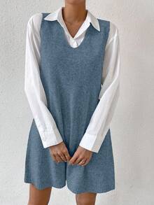 SHEIN LUNE 秋冬纯色无袖针织休闲连衣裙 - 霧霾藍 - 查看 3