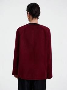 SHEIN LUNE 女士安哥拉羊毛中长外套，不对称设计，饰以撞色金属纽扣，适合秋冬季节、派对、宴会、休闲场合穿着。 - 酒紅色 - 查看 2