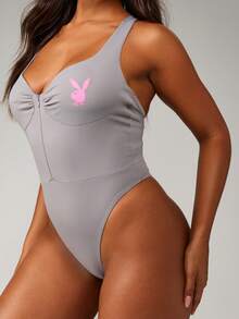 Missguided x Playboy Zip Front Bodysuit High Cut Athletic Compression Sleeveless Leotard One Piece Swimsuit Yoga Gym Activewear - Grey - View 1