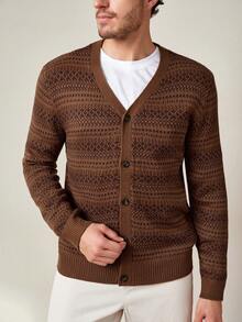 Manfinity Homme Men's Striped Long Sleeve Single-Breasted Casual Knit Cardigan, Autumn - Coffee Brown - View 4