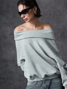 LYSMO Áo sweatshirt nữ dáng rộng vai rớt màu trơn tối giản phong cách thu đông 2025, áo sweatshirt oversized màu xám, áo hoodie nữ màu xám. - Màu Xám nhạt - Xem 4