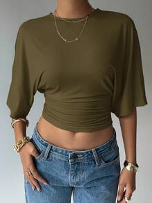Aloruh Women's Casual Solid Color Short Fitted T-Shirts - Army Green - View 3