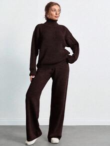 SHEIN Tall 高領落肩袖毛衣與長褲套裝，女款套裝，小碼套裝，套裝，小碼，冬季衣物，高個子女性 - 棕色 - 查看 5