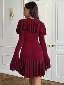 SHEIN BAE Robe d'été élégante à col V profond, manches longues, ourlet à volants, couleur bordeaux. Convient pour les fêtes, cocktails, occasions formelles, demoiselle d'honneur, anniversaire, Noël, Halloween - Rouge foncé - Voir 2