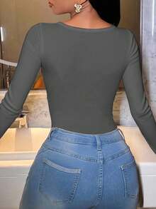 SHEIN 女式简约纯色鸡心领修身长袖连体衣，秋季 - 深灰色 - 查看 2