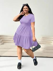 Solflare Plus Size Purple Short Sleeve Loose Fit T-Shirt Dress, Suitable For Spring And Summer,Back To School - Mauve Purple - View 4