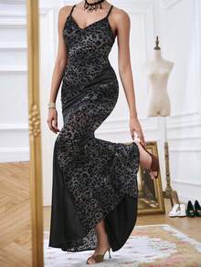 Chiquease Sleeveless V-Neck Leopard Print Flocked Patchwork Satin Dress - Black - View 8