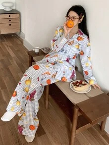 DAZY 度假风水果美食图案格子女式睡衣套装，秋冬服装 - 藍色 - 查看 3