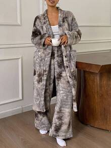 DAZY 女士扎染印花加厚抓绒睡袍裤套装，冬季长款睡衣，舒适保暖，秋季服装，蓬松柔软 - 卡其色 - 查看 4