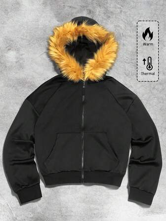 Street Life Sudadera con capucha de estilo corto y suelto con cremallera, cuello esponjoso y ribete de pelo, ropa de calle, otoño/invierno para hombre