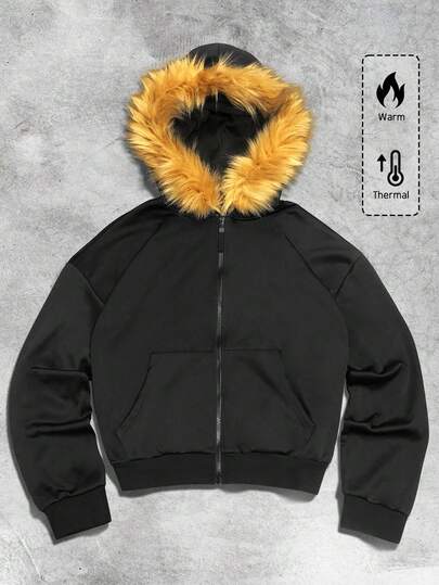 Street Life Sudadera con capucha de estilo corto y suelto con cremallera, cuello esponjoso y ribete de pelo, ropa de calle, otoño/invierno para hombre