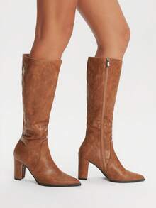 Styleloop 女式绒面尖头高跟弹力靴，防滑软底细跟中筒靴，适合秋冬季 - 棕色 - 查看 2