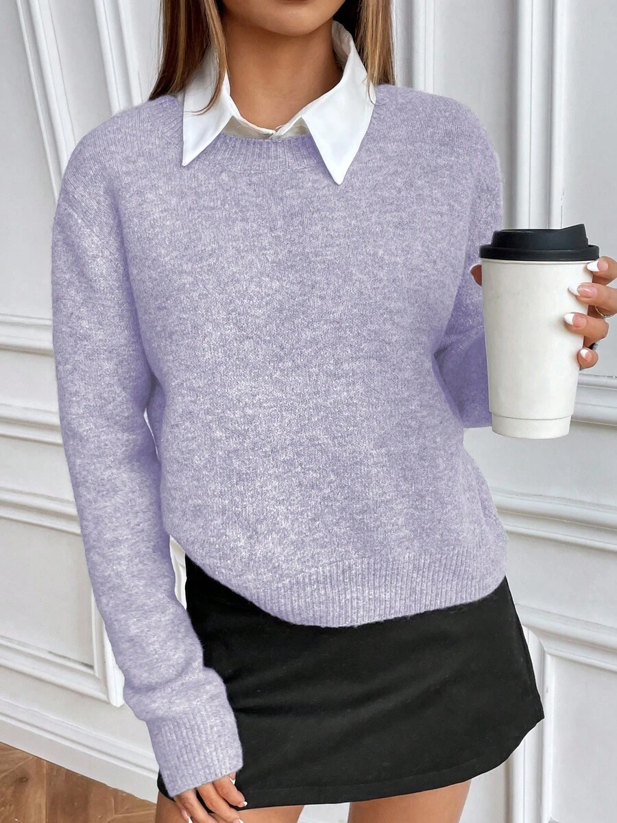 SHEIN Unity Suéter de punto de cuello redondo de manga larga de unicolor y holgado - Morado - Ver 1