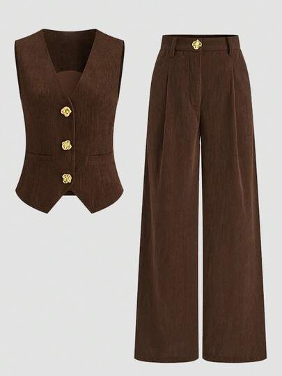 Airaco 2pcs Women Corduroy Casual Metal Buckle Set, Autumn