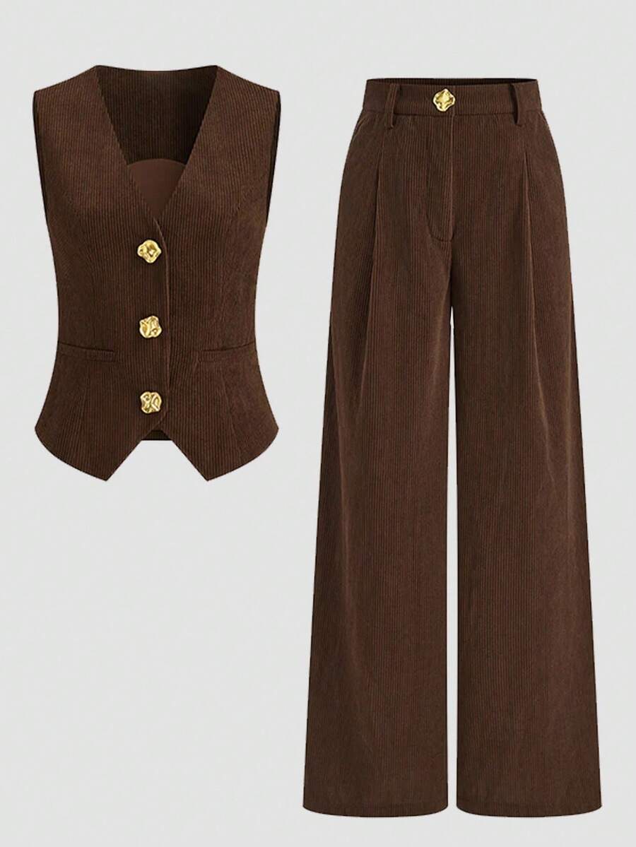 Airaco 2pcs Women Corduroy Casual Metal Buckle Set, Autumn - Coffee Brown - View 1