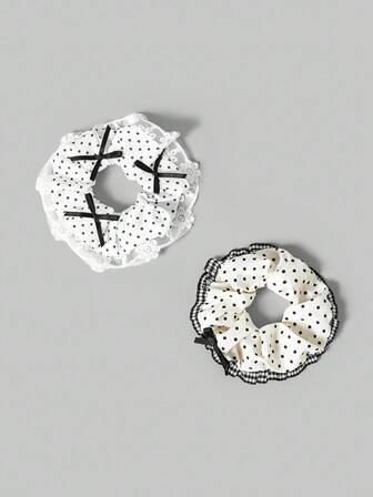 Anime 2pcs Black & White Classic Polka Dot Minimalist Geometric Pattern Hair Scrunchies, Sexy Lace Patchwork Cute Bow Stylish Oversized Spiral Coil Hair Ties, Suitable For Daily Matching, Can Also Be Used As Bracelets