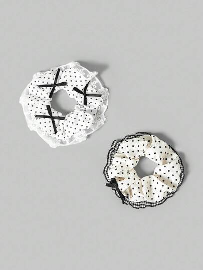 Anime 2pcs Black & White Classic Polka Dot Minimalist Geometric Pattern Hair Scrunchies, Sexy Lace Patchwork Cute Bow Stylish Oversized Spiral Coil Hair Ties, Suitable For Daily Matching, Can Also Be Used As Bracelets