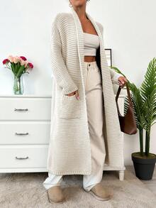 EURMUSE 女士口袋细节长款超大落肩开衫 - 奶油色 - 查看 4